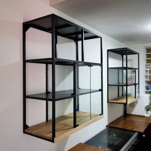 Wall-Mounted Kitchen Shelf with Glass Sliding Doors