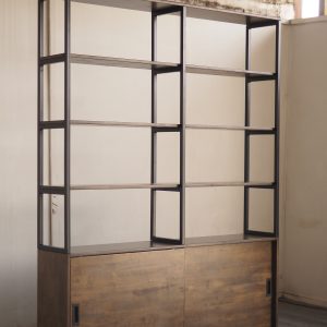 Display Shelving with Sliding Storage Cabinet
