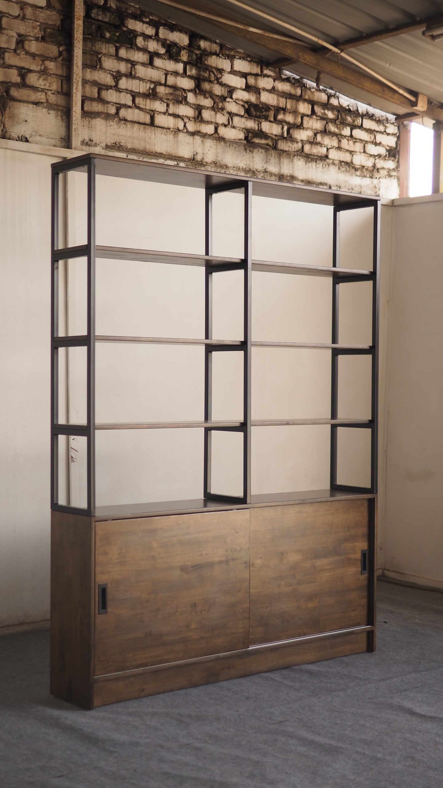 Display Shelving with Sliding Storage Cabinet